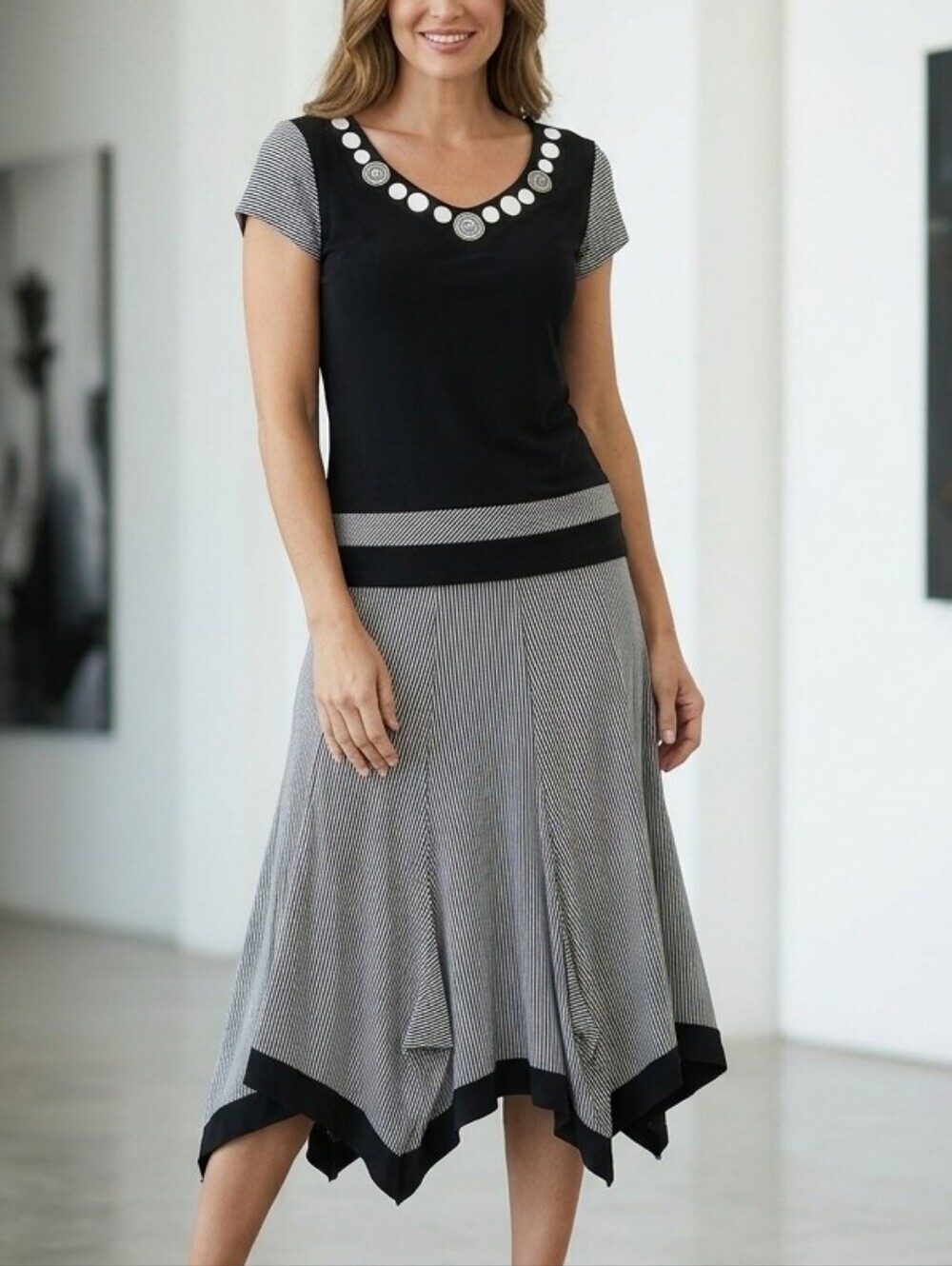 Joseph Ribkoff 2-Piece Skirt Set Black Stripe Embellished Top Hanky Hem Skirt